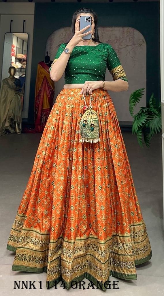 fashionable orange lehenga 1716878257 Fashionable Dola Silk Foil Print Orange Lehenga Choli