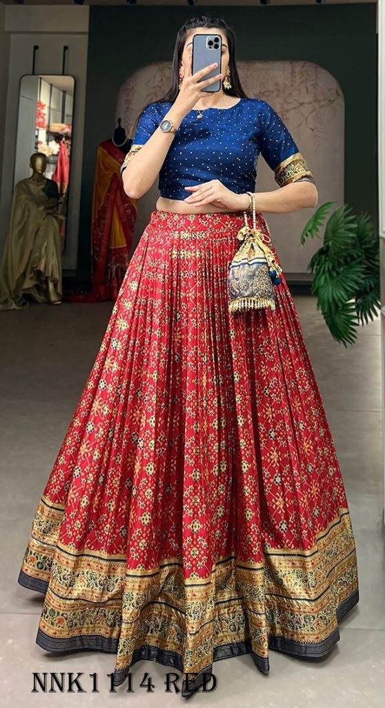 fashionable red lehenga 1716877933 Fashionable Dola Silk Foil Print Red Lehenga Choli