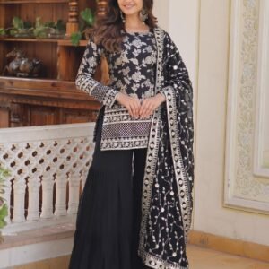 Faux Blooming Zari Embroidered Black Gharara Suit Set