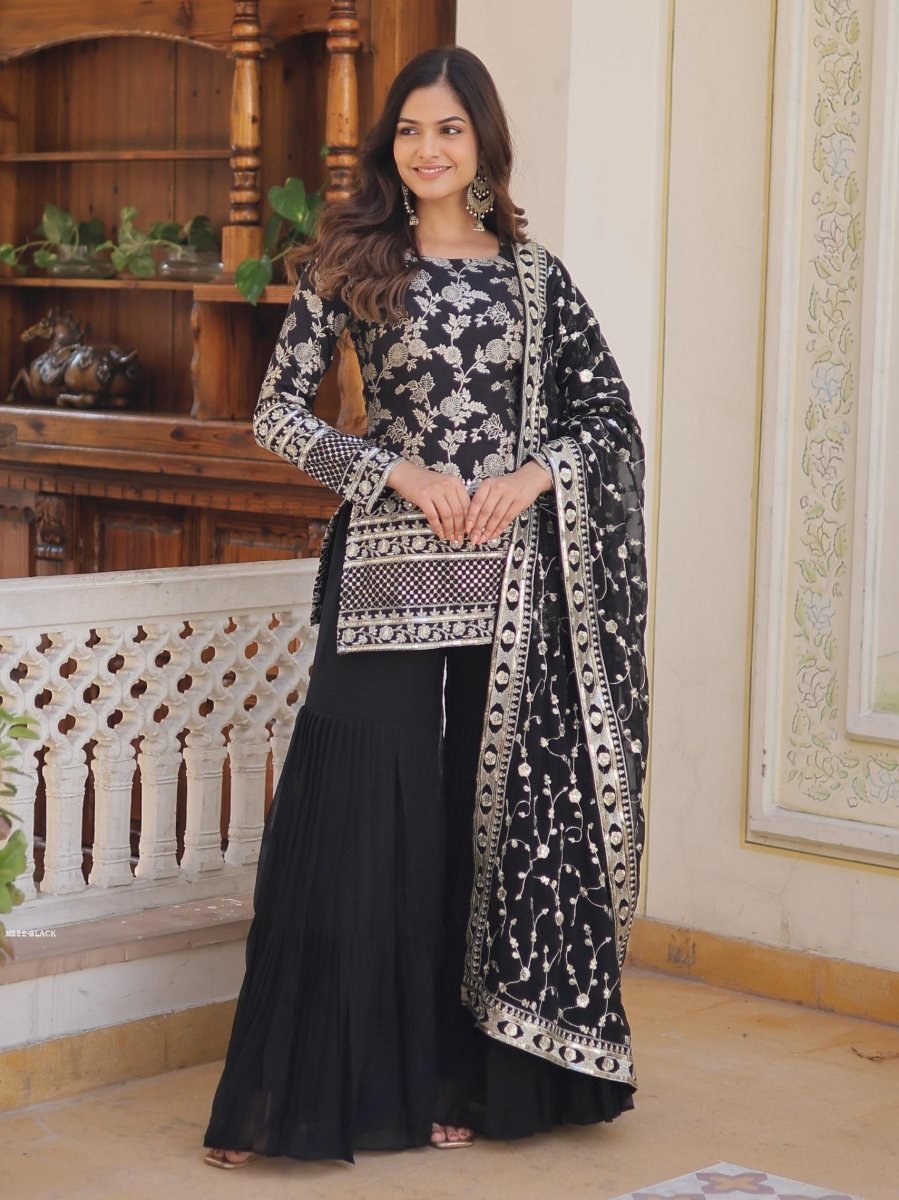 faux blooming zari embroidered 1773655889 Faux Blooming Zari Embroidered Black Gharara Suit Set