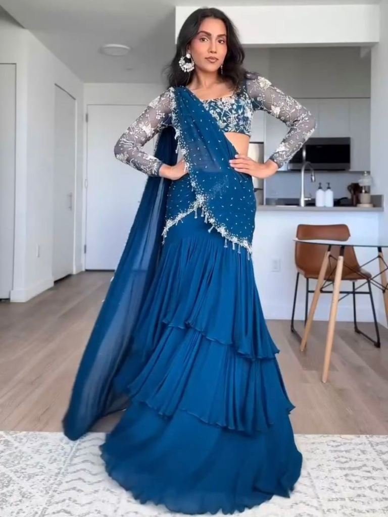faux georgette blue sequence w 1737797900 Faux Georgette Blue Sequence Work Ready To Wear Saree
