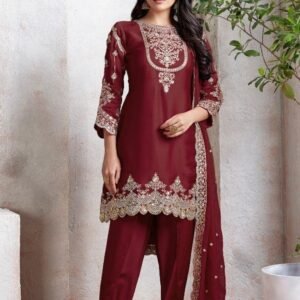 Faux Georgette Embroidery Maroon SemiStitched Suit