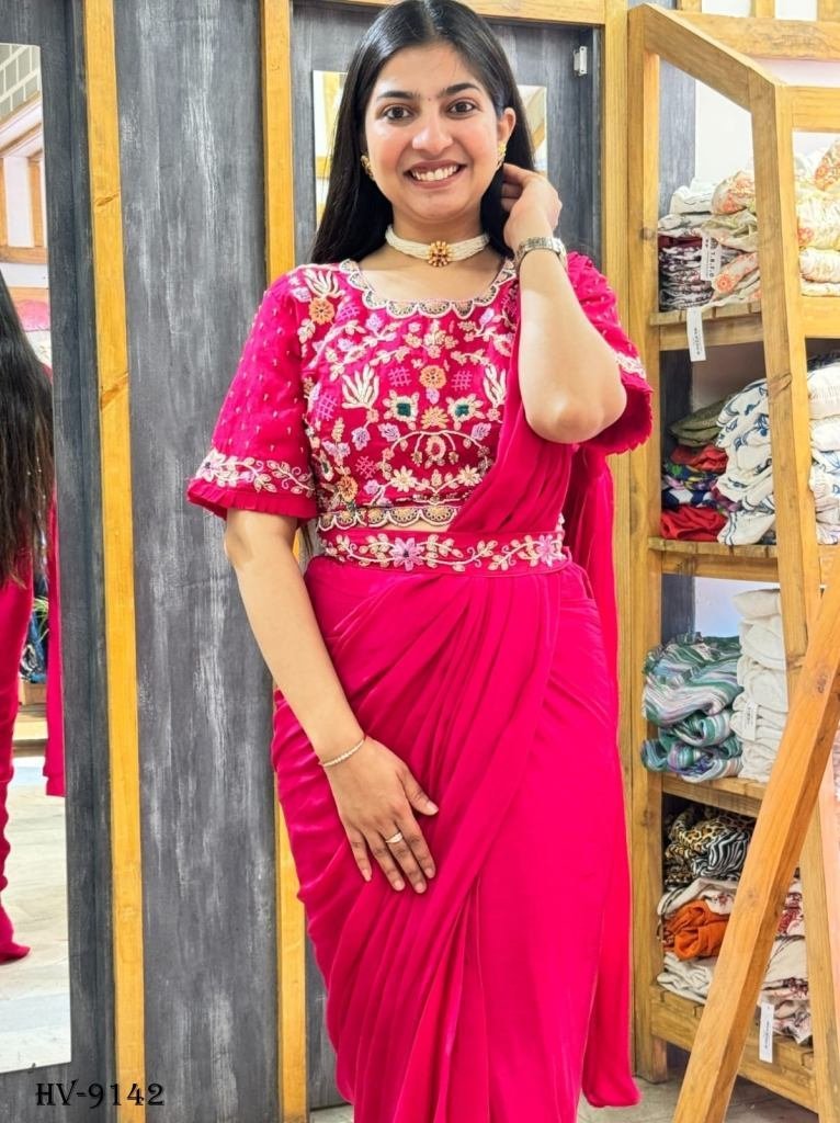 faux georgette ready to wear s 1717147164 Faux Georgette Ready To Wear Saree With Full Stitched Blouse