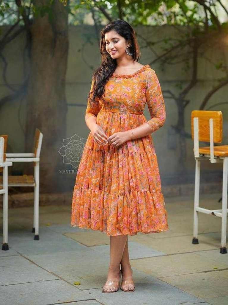 faux georgette rust orange geo 1715597800 Faux Georgette Rust Orange Georgette Midi Dress
