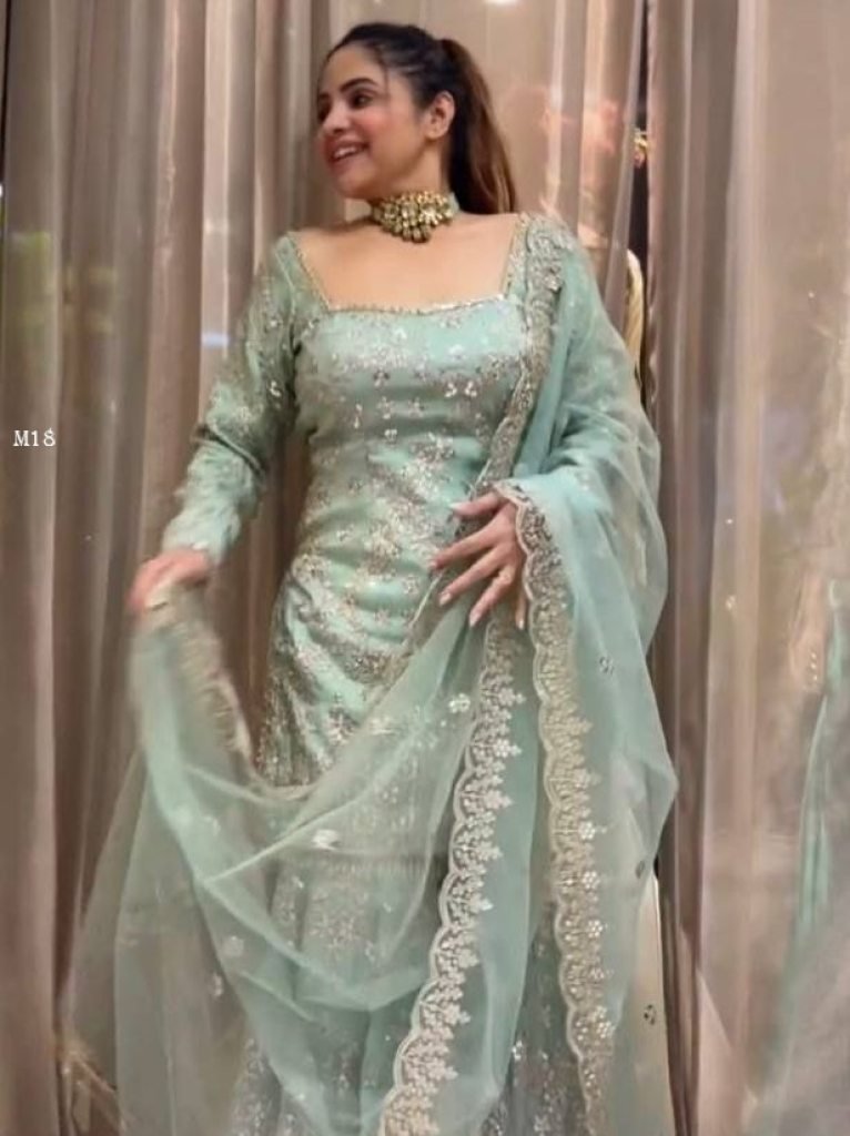 faux georgette sea green seque 1742548903 Faux Georgette Sea Green Sequence Work Sharara Suit