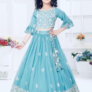Faux Georgette Sky Blue Kids Lehenga Choli Dupatta