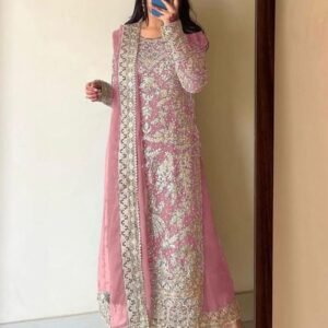 Faux Georgette With Heavy Embroidery Work Peach Top Palazzo Dupatta Set