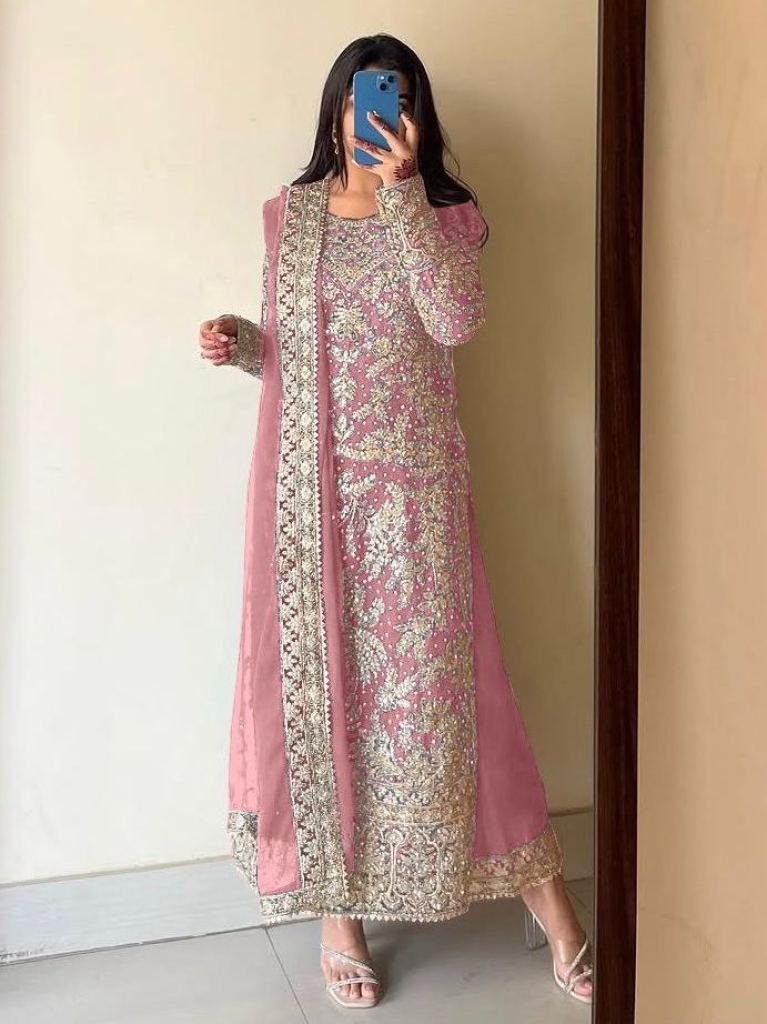 faux georgette with heavy embr 1736587552 Faux Georgette With Heavy Embroidery Work Peach Top Palazzo Dupatta Set