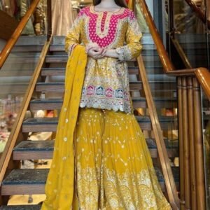 Faux Georgette Yellow Embroidery Work Sharara Suit