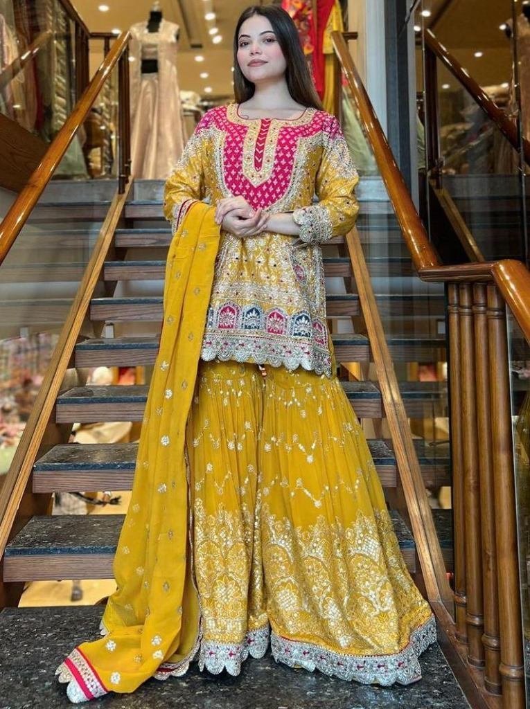 faux georgette yellow embroide 1742446161 Faux Georgette Yellow Embroidery Work Sharara Suit