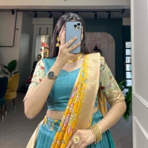 Ferozi Kalamkari Printed Dola Silk Lehenga Choli