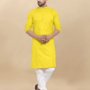 Festival Plain Cotton Yellow Kurta And Pyjama