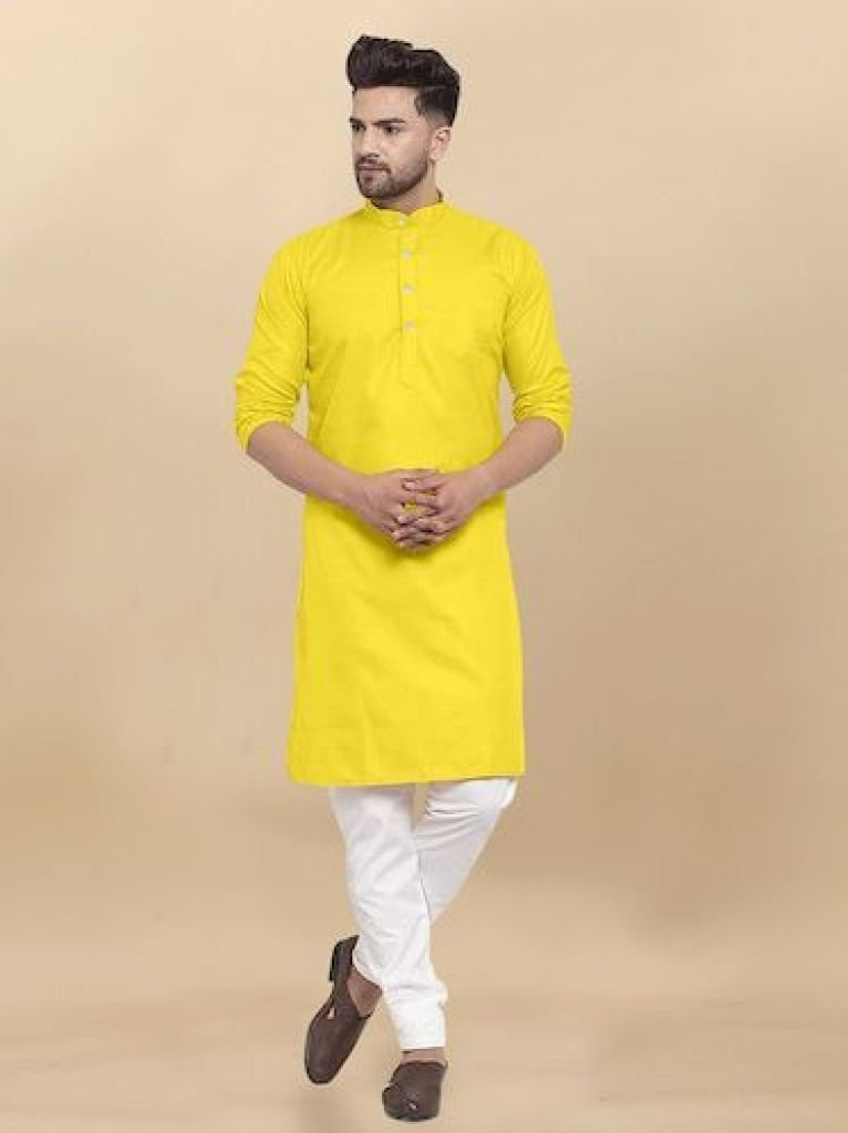 festival plain cotton yellow k 1727783447 Festival Plain Cotton Yellow Kurta And Pyjama