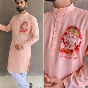 Festival Wear Ganpati Printed Light Pink Cotton Men Kurta