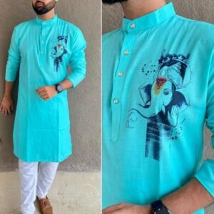 Festival Wear Ganpati Printed Blue Cotton Men Kurta