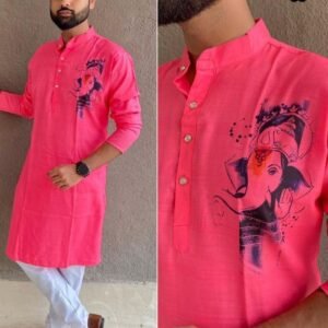 Festival Wear Ganpati Printed Dark Pink Cotton Men Kurta