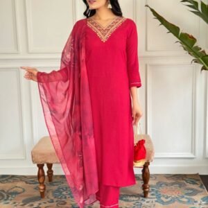Festival Wear Red Embroidered Rayon Straight Kurtis Pant Set With Neck Work