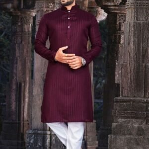 Cotton Maroon Kurta With Pajama Set For Men