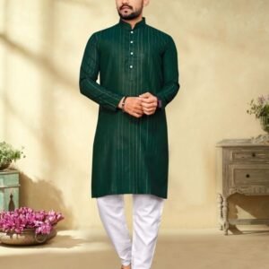 Dark Green Cotton Kurta With Pajama