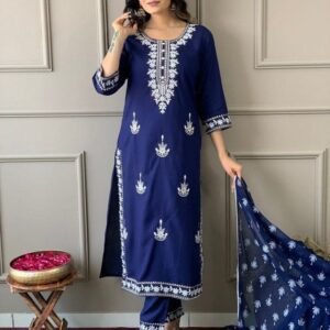 Festive Wear Blue Rayon With Embroidery Work Kurti Pant Dupatta Set