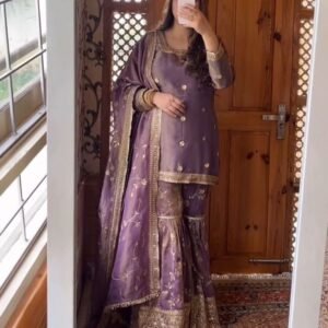 Festive Wear Collection Ready To Wear Purple Chinon Silk Gharara Suit