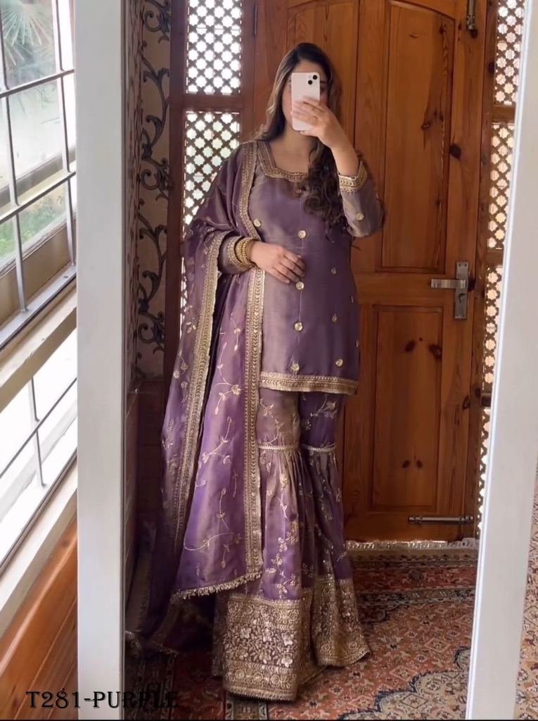 festive wear collection ready 1722492128 Festive Wear Collection Ready To Wear Purple Chinon Silk Gharara Suit