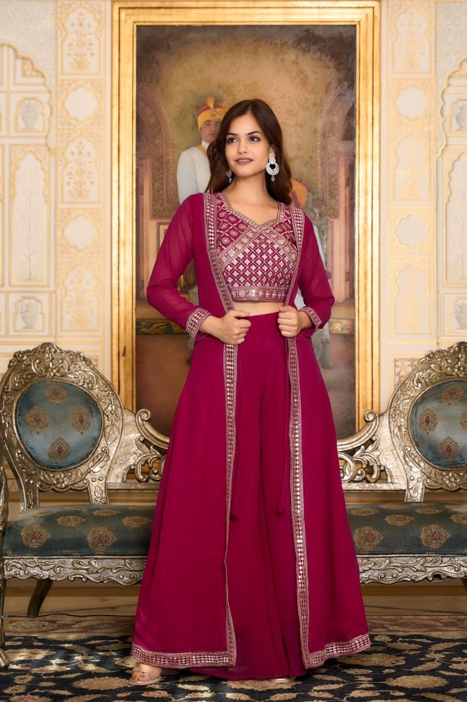 festive wear fox georgette shr 1742477224 Festive Wear Fox Georgette Shrug Plaza With Choli In Maroon