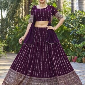 Festive Wear Georgette Wine Lehenga With Shrug