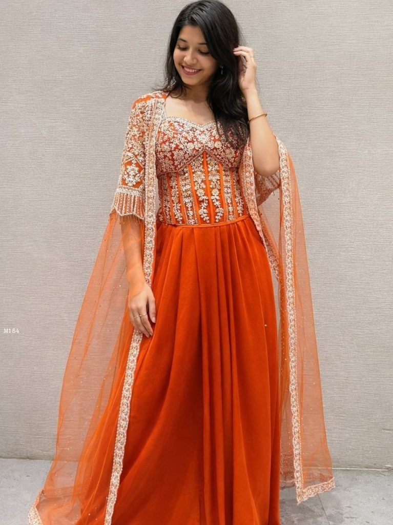 festive wear orange net with e 1767850369 Festive Wear Orange Net With Embroidery Sequins Work Indowestern