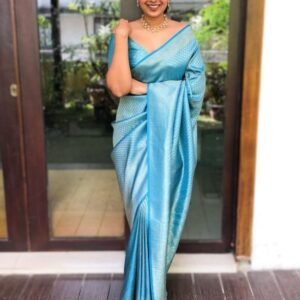 Firozi Blue Silver Zari Soft Lichi Silk Saree