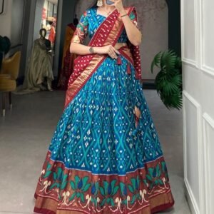 Firozi Color Printed With Foil Print Tussar Silk Traditional Lehenga Choli