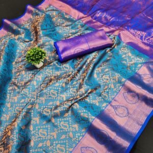 Floral Patterns Sky Blue Lichi Silk Saree With Zari Weaving