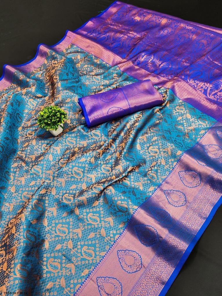 floral patterns sky blue lichi 1718626103 Floral Patterns Sky Blue Lichi Silk Saree With Zari Weaving