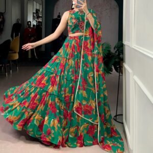 Floral Print 12 Meter Flair Green Lehenga Choli