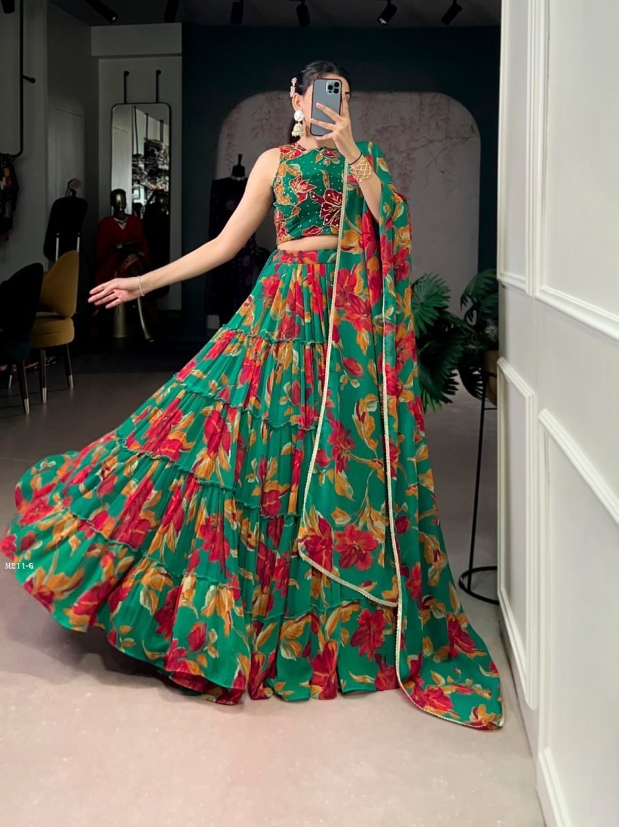 floral print 12 meter flair gr 1771837097 Floral Print 12 Meter Flair Green Lehenga Choli