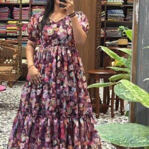 Floral Printed Kota Chex Wine Midi Dress