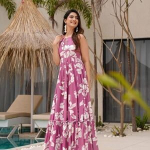 Floral Printed Onion Pink One Piece Dress