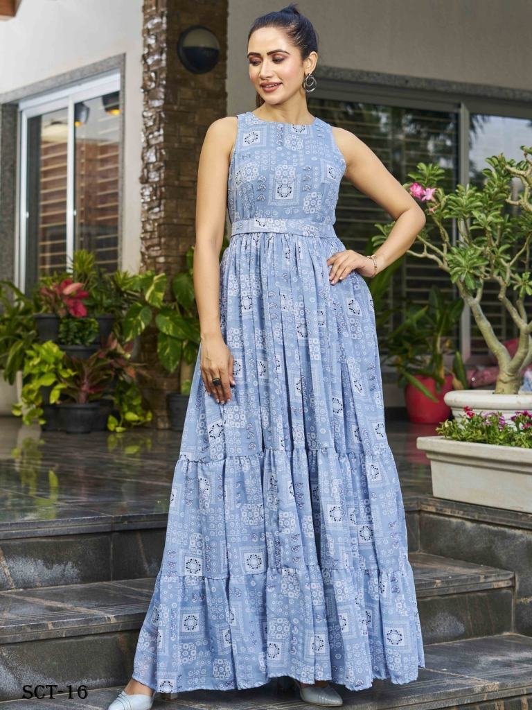 floral printed sky blue gown w 1721307449 Floral Printed Sky Blue Gown With Belt