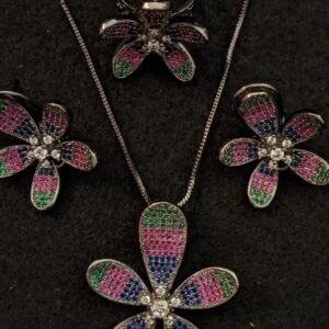 Floral rhinestone mix color Pendant Earring Ring Set