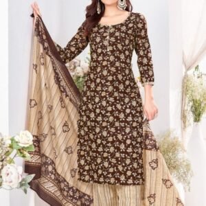 Flower Design Brown Kurti Pant Set With Dupatta