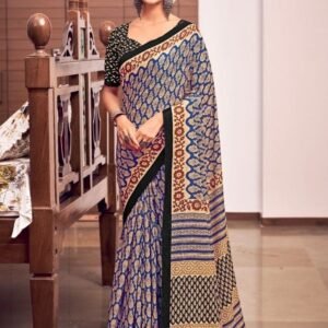Flower Design Mulmul Cotton Royal Blue Saree