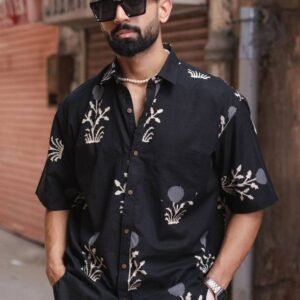 Flower Design Oversized Black Cotton shirt