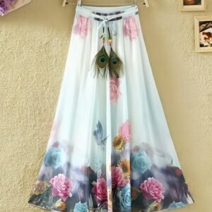 Flower Digital Print Silk Ladies Sky Blue Skirt