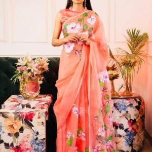 Flower Printed And Handwork Pure Organza Saree