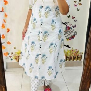 Flower Printed Blue Cotton Kurtis With Pant