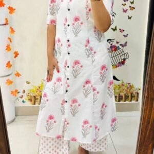 Flower Printed Wine Cotton Kurtis With Pant