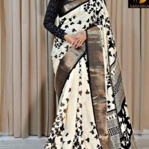 Flowers Design Handloom Silk White and Black Saree