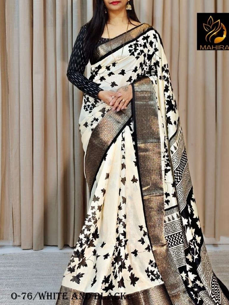 flowers design handloom silk w 1724501211 Flowers Design Handloom Silk White and Black Saree