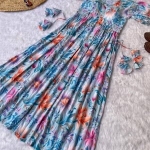Flower Printed Soft Muslin V Neck Western Kurti With Puff Sleeve