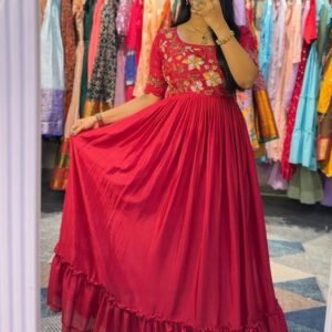 Foux Gorgette Anarkali Red Color Gowns